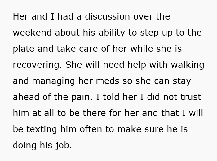Text excerpt discussing concerns about a slacker hubby’s ability to care for wife after surgery during her recovery period. Text excerpt discussing concerns about a slacker hubby’s ability to care for wife after surgery during her recovery period.