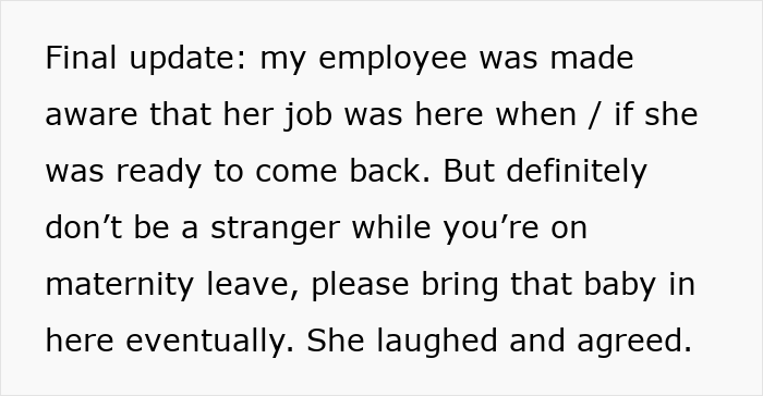 Text discussing boss wondering if should ask employee about pregnancy in a right to fire state workplace context.