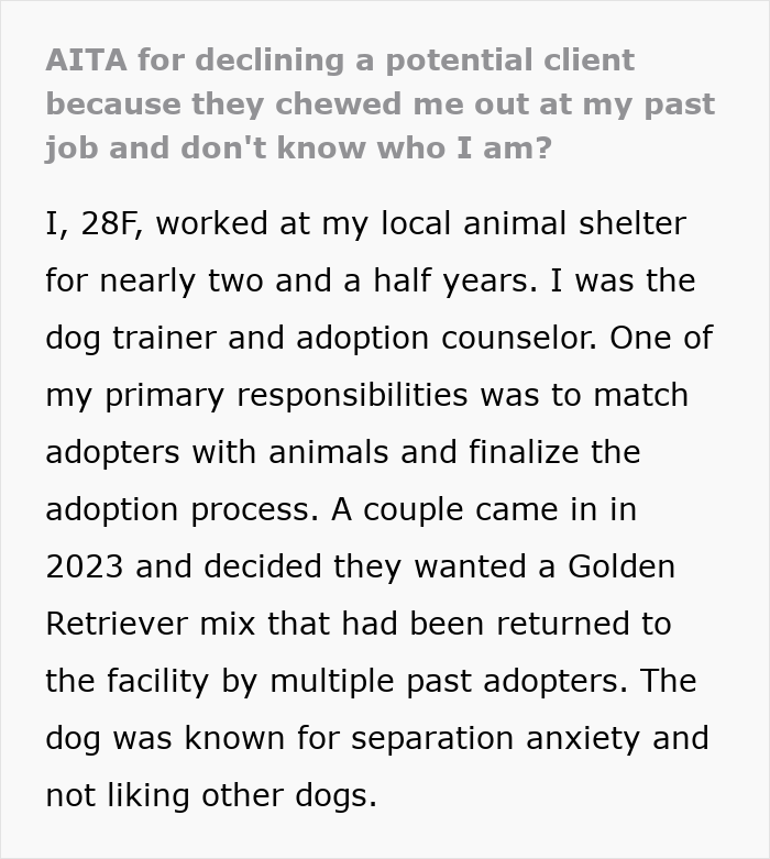 “AITA For Declining A Potential Client Because They Chewed Me Out At My Past Job And Don’t Know Who I Am?” “AITA For Declining A Potential Client Because They Chewed Me Out At My Past Job And Don’t Know Who I Am?”