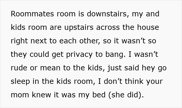 Text excerpt discussing a guy letting his girlfriend's kid sleep in roommate’s bed and conflict arising over it. Text excerpt discussing a guy letting his girlfriend's kid sleep in roommate’s bed and conflict arising over it.