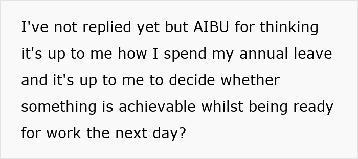 Alt text: Text discussing a woman’s Tenerife vacay blocked by boss due to concerns over sun, sand, and cocktails ruining her focus. Alt text: Text discussing a woman’s Tenerife vacay blocked by boss due to concerns over sun, sand, and cocktails ruining her focus.