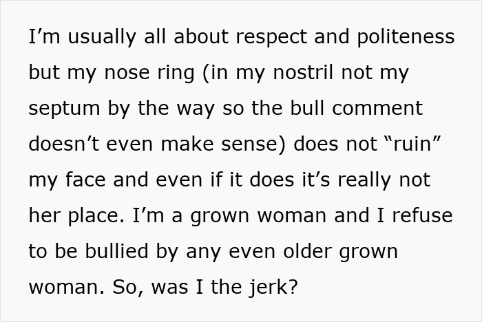 Text about a lady defending her nose ring after being told she looks like a bull, referencing Ronald McDonald.