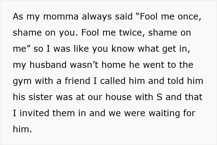 Text excerpt showing a lady attempting to drive a wedge between brother and his wife to help her bestie get him back.