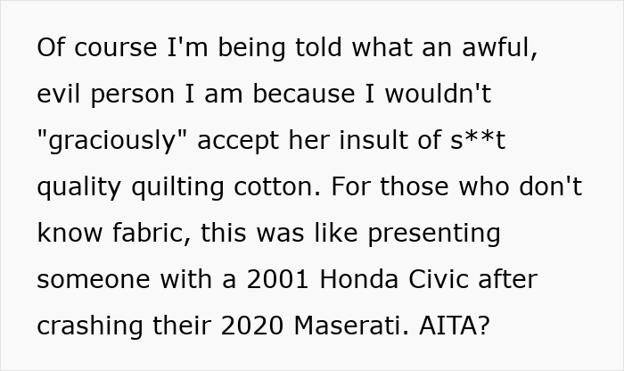 Text post about woman upset over ruined $25/yard fabric, comparing it to a luxury car crash, seeking opinions online.