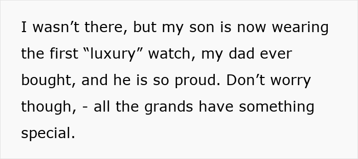 Text on a white background reading I wasn’t there but my son is wearing the first luxury watch my dad bought showing sister revealed dead brother lie theme.