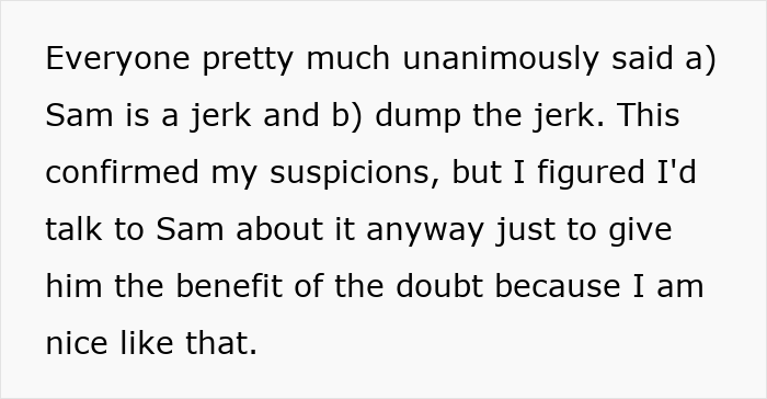 Text excerpt about immature guy and friends testing his new girlfriend, revealing his past behavior with many girls.