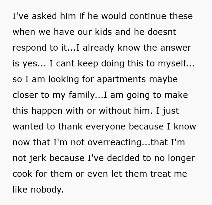 Screenshot of a woman's message saying she will no longer cook for rude in-laws, woman cancels Thanksgiving