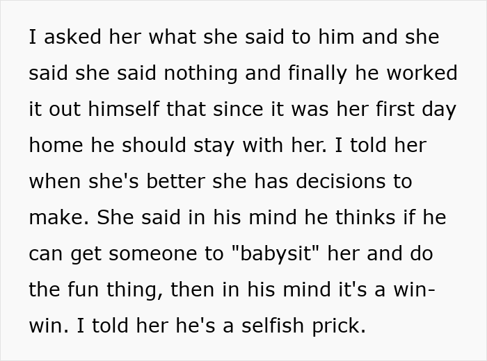 Text excerpt from a conversation about a slacker hubby planning to skip caring for his wife after surgery. Text excerpt from a conversation about a slacker hubby planning to skip caring for his wife after surgery.