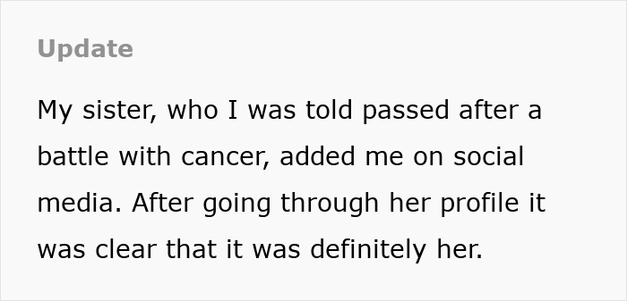 Update text about late half-sister who lied for medical bills support, shocking woman after learning the truth years later. Update text about late half-sister who lied for medical bills support, shocking woman after learning the truth years later.