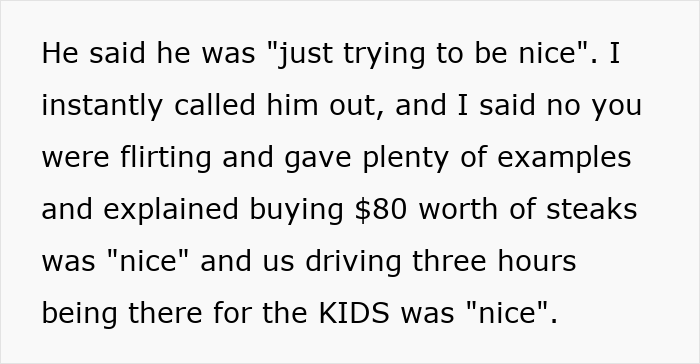 Text excerpt showing a woman confronting a shameless guy for flirting while his baby mama babysits, overheard by his girlfriend.