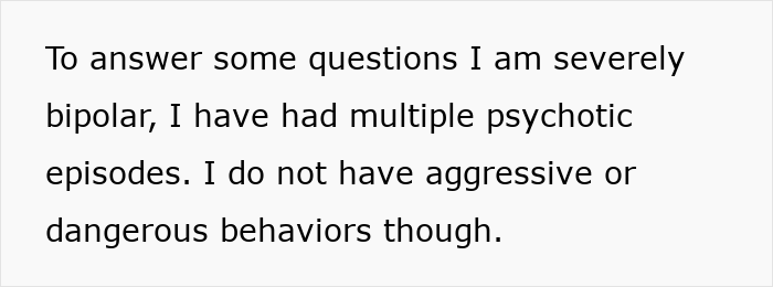Text on a white background explaining a person’s experience with bipolar disorder and psychotic episodes without aggressive behaviors. Text on a white background explaining a person’s experience with bipolar disorder and psychotic episodes without aggressive behaviors.