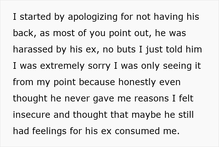 Text discussing apologizing for not supporting brother, feeling insecure, and concern about his feelings for his ex.