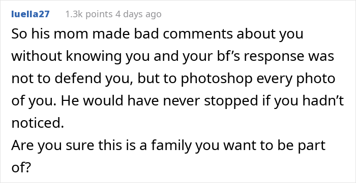 Text post discussing a boyfriend editing face in every photo of his partner after her mom's bad comments. Text post discussing a boyfriend editing face in every photo of his partner after her mom's bad comments.