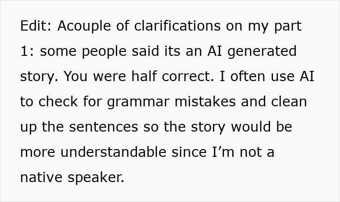 Text excerpt discussing AI use for grammar and clarity, highlighting parents forcing pay expensive rent concerns.