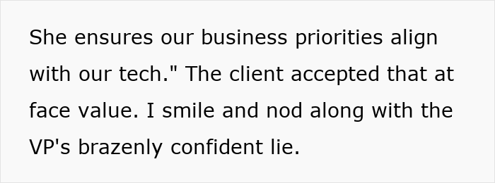 Alt text: Excerpt text showing a female software developer’s boss inviting her to client meetings as a pretty face, highlighting workplace bias.