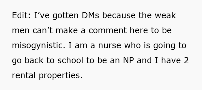 Text post discussing a nurse planning to become an NP, mentioning rental properties and addressing weak men and misogyny. Text post discussing a nurse planning to become an NP, mentioning rental properties and addressing weak men and misogyny.