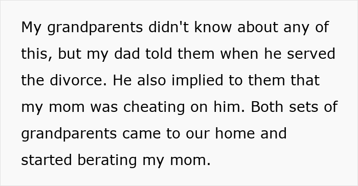 Text excerpt about divorce and family conflict over cheating shared by a middle-aged couple facing relationship challenges.