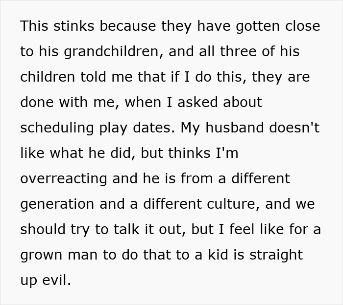 Text excerpt discussing family conflict after step-grandpa denies candy to child, highlighting visitation ban and generational tensions.