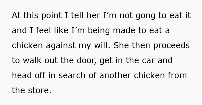 Text about husband refusing to eat chicken after wife leaves raw chicken in trunk, calling it a biohazard. Text about husband refusing to eat chicken after wife leaves raw chicken in trunk, calling it a biohazard.