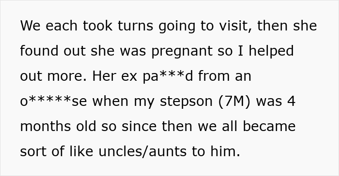 Screenshot of a post detailing the wife's pregnancy and ex's d***h, highlighting the family's support due to her past trauma.