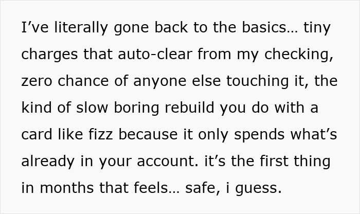 Text excerpt about rebuilding credit slowly with secure card usage, illustrating a mom-nuked credit score recovery process.