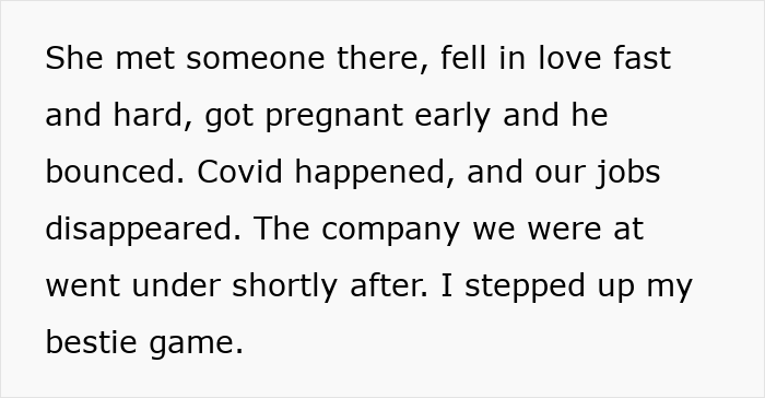 Text excerpt showing a woman sharing her experience of stepping up as bestie during challenging times. Text excerpt showing a woman sharing her experience of stepping up as bestie during challenging times.