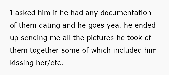 Text excerpt about a man happy after catching his ex-wife cheating, mentioning photos of them together including kisses. Text excerpt about a man happy after catching his ex-wife cheating, mentioning photos of them together including kisses.