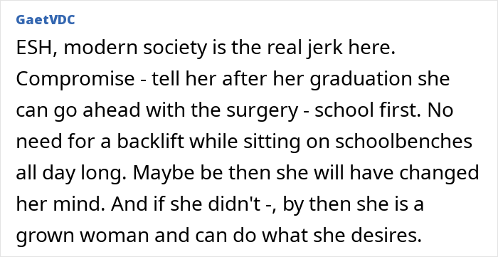 Screenshot of an online comment discussing an 18YO wanting to spend grandpa's inheritance on a BBL instead of college.
