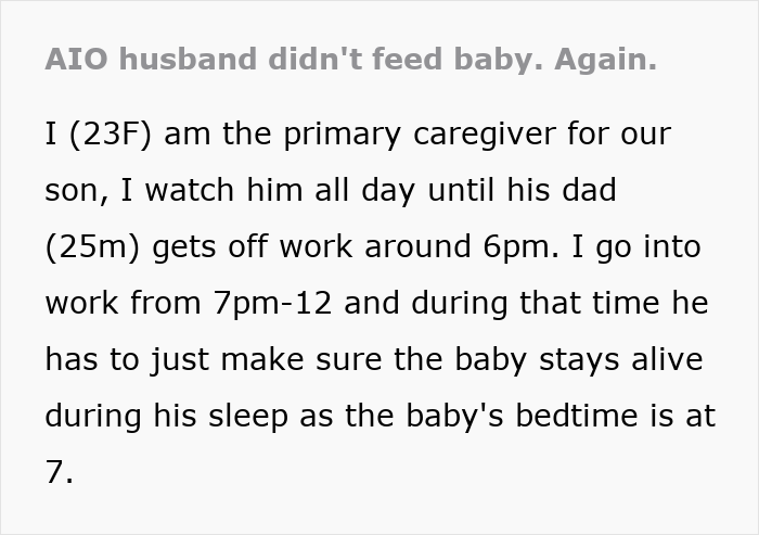 Burnt-out wife asks husband to feed baby once a night, frustrated he fails to manage even that simple task.