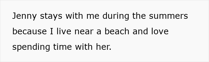 Text on a white background stating Jenny stays during summers near a beach, highlighting aunt pay niece tummy tuck drama context.