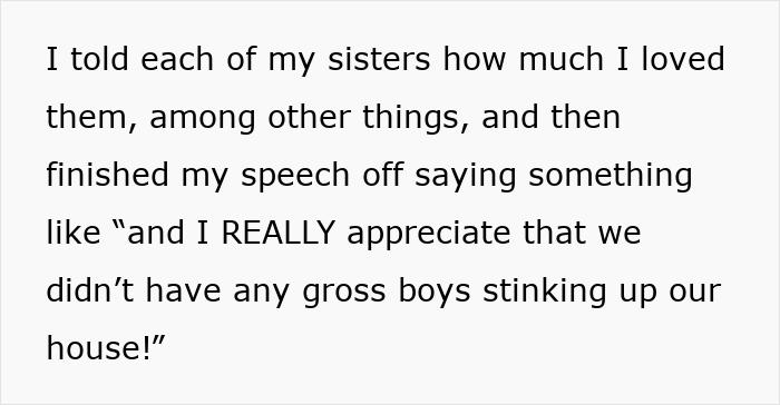 Text on a white background reading a statement about telling sisters love and appreciating no gross boys, related to sister revealed dead brother lie.