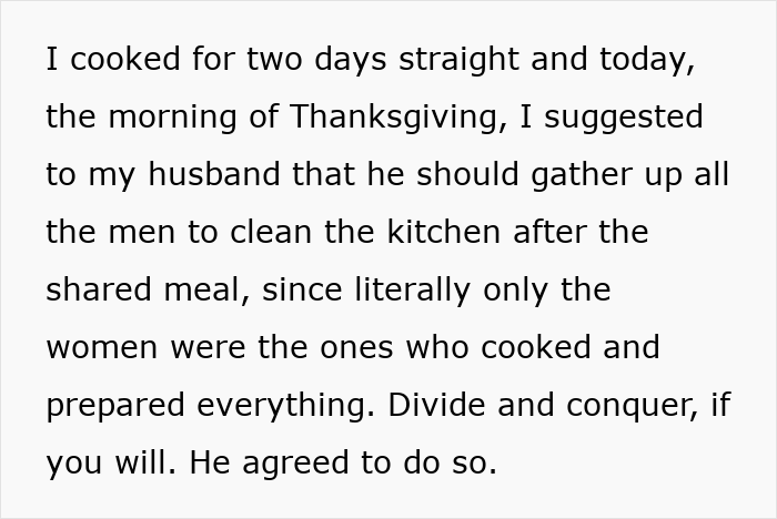 Text about a husband backing out of a deal to help clean up after Thanksgiving meal, causing wife to call him out.