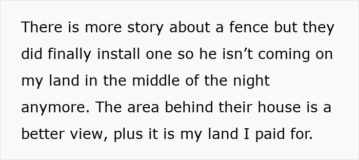 Text about a neighbor dispute and land ownership, describing a fence installation to protect her property at night.