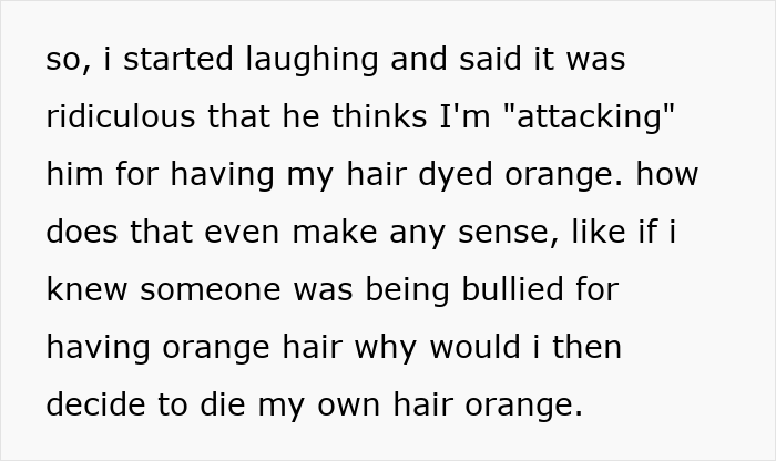 Text conversation about dyeing hair orange and addressing classmate drama related to bullying and misunderstandings. Text conversation about dyeing hair orange and addressing classmate drama related to bullying and misunderstandings.