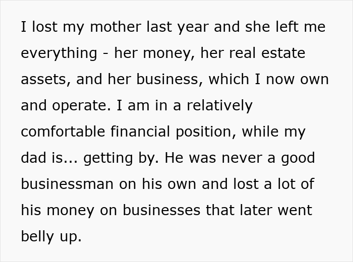 Text excerpt about woman inheriting money while dad struggles financially, refusing to pay for lovechild’s surgery.