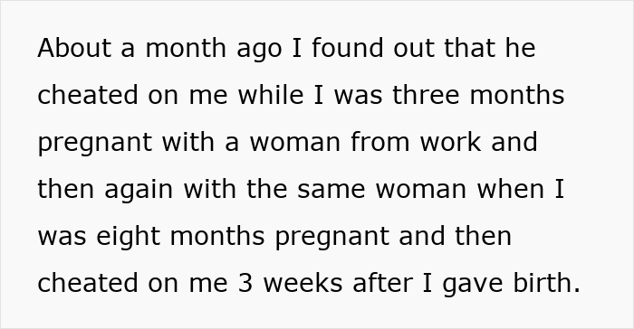 Text describing a man cheating while wife is pregnant and postpartum, causing conflict in the home. Text describing a man cheating while wife is pregnant and postpartum, causing conflict in the home.