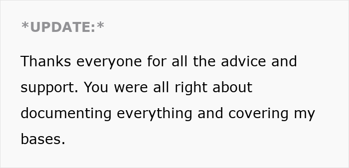 Text update on a screen about advice and support, relating to a boss pretending never gave notice situation.