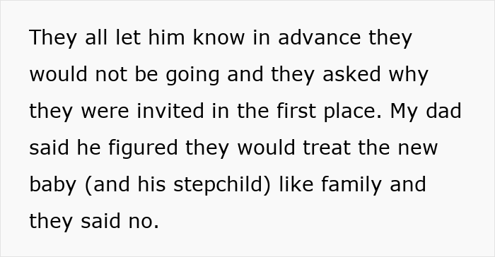 Text excerpt about dad cutting off late wife’s family, then expecting them to welcome his new baby and stepchild. Text excerpt about dad cutting off late wife’s family, then expecting them to welcome his new baby and stepchild.