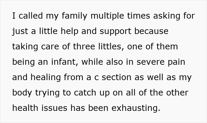 Text excerpt describing a woman’s struggle with health and childcare while dealing with family stress and exhaustion at home. Text excerpt describing a woman’s struggle with health and childcare while dealing with family stress and exhaustion at home.