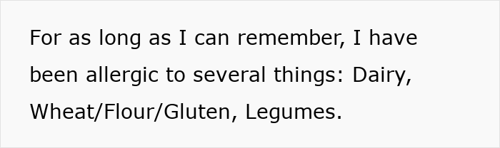 Text on a white background stating allergies to dairy, wheat/flour/gluten, and legumes, highlighting parents lied about allergies context.