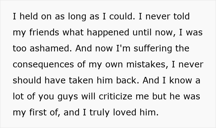 Text on a white background describing personal regret and consequences after trusting a serial cheater caught red-handed. Text on a white background describing personal regret and consequences after trusting a serial cheater caught red-handed.