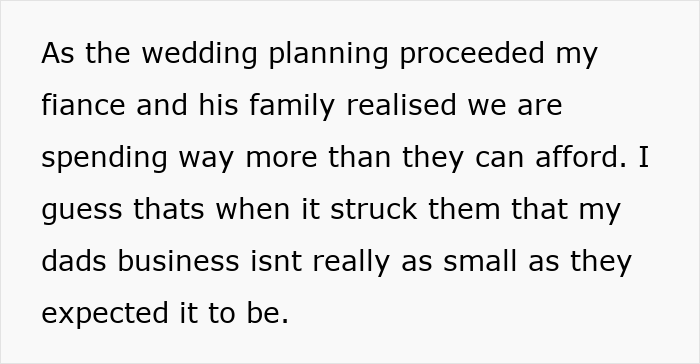 Text explaining how future in-laws demand a prenup but backtrack after learning about her wealthy family background.