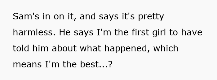 Text excerpt from an immature guy and his friends testing his new girlfriend, revealing past behavior with many girls.