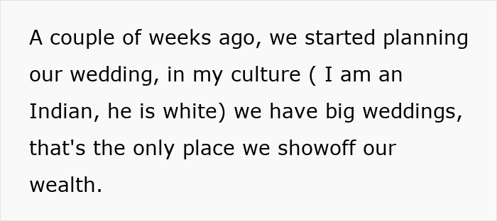 Text explaining a couple planning their wedding with cultural differences and mentioning showing off wealth at big weddings.