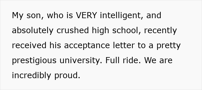Text excerpt describing a proud parent sharing their son's acceptance to a prestigious university, linked to sister revealed dead brother lie.