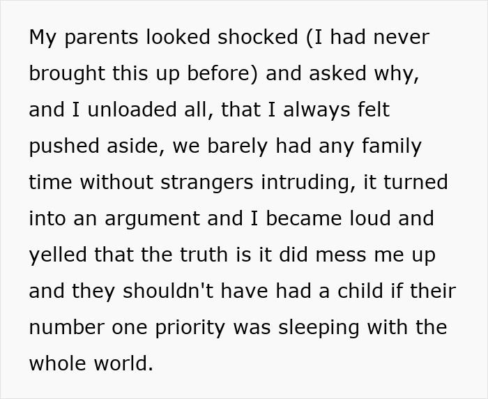 Text excerpt expressing trauma from parents favoring polyamorous partners over their child, causing lasting emotional distress.