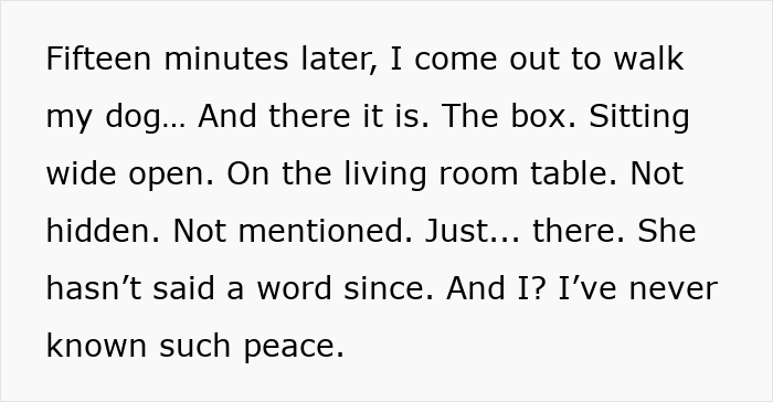 Text excerpt describing a nosy MIL opening packages, highlighting peace after a vibrating surprise from daughter-in-law. Text excerpt describing a nosy MIL opening packages, highlighting peace after a vibrating surprise from daughter-in-law.