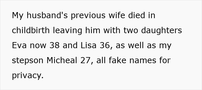 Text excerpt about stepdaughters disowning their stepmother with privacy names and ages shown in a plain format. Text excerpt about stepdaughters disowning their stepmother with privacy names and ages shown in a plain format.
