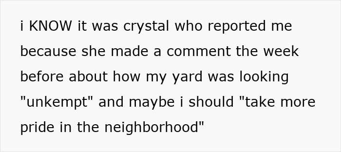 Text snippet showing a neighbor accusing HOA snitch of reporting yard condition sparking petty war over grass height.