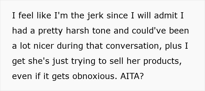 Text on a white background discussing feeling like a jerk for being harsh while acknowledging Etsy artist's self-promotion at family events. Text on a white background discussing feeling like a jerk for being harsh while acknowledging Etsy artist's self-promotion at family events.